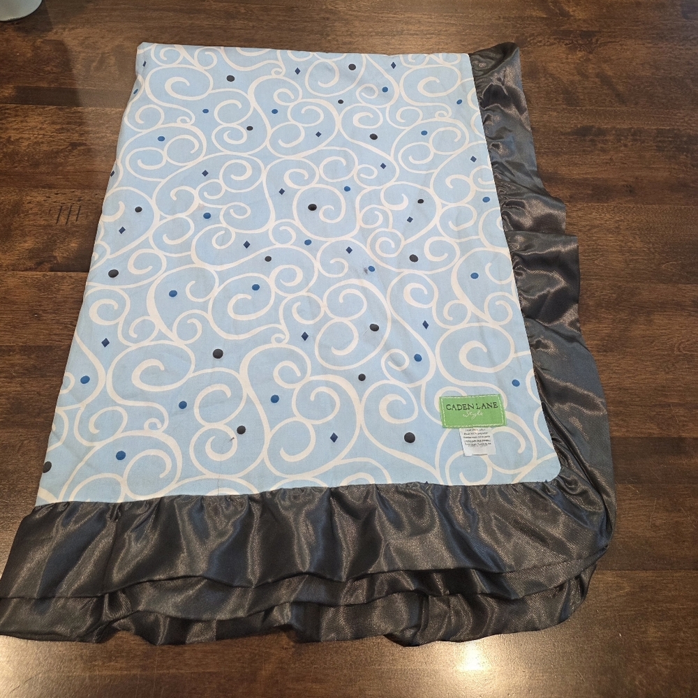 Caden Lane Baby Blue and Black Swirl Blanket Brown Satin Trim